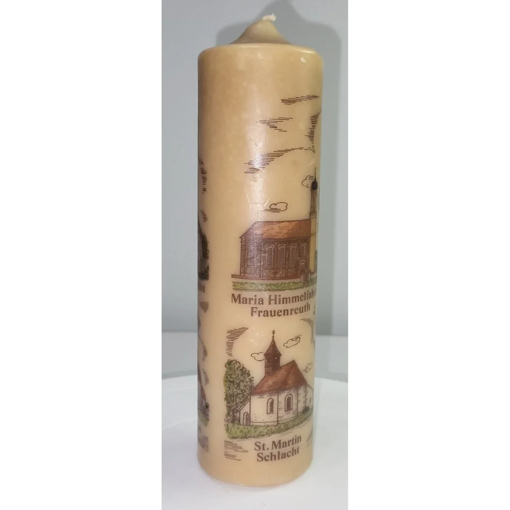 Vintage Pfarrei Glonn German Church Illustrated Pillar Candle Tan 8 Inch